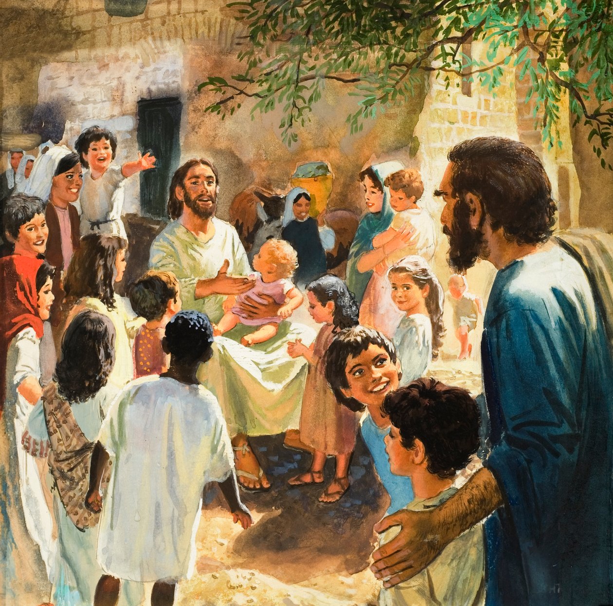 Christus met kinderen (gouache op papier) door Peter Seabright
