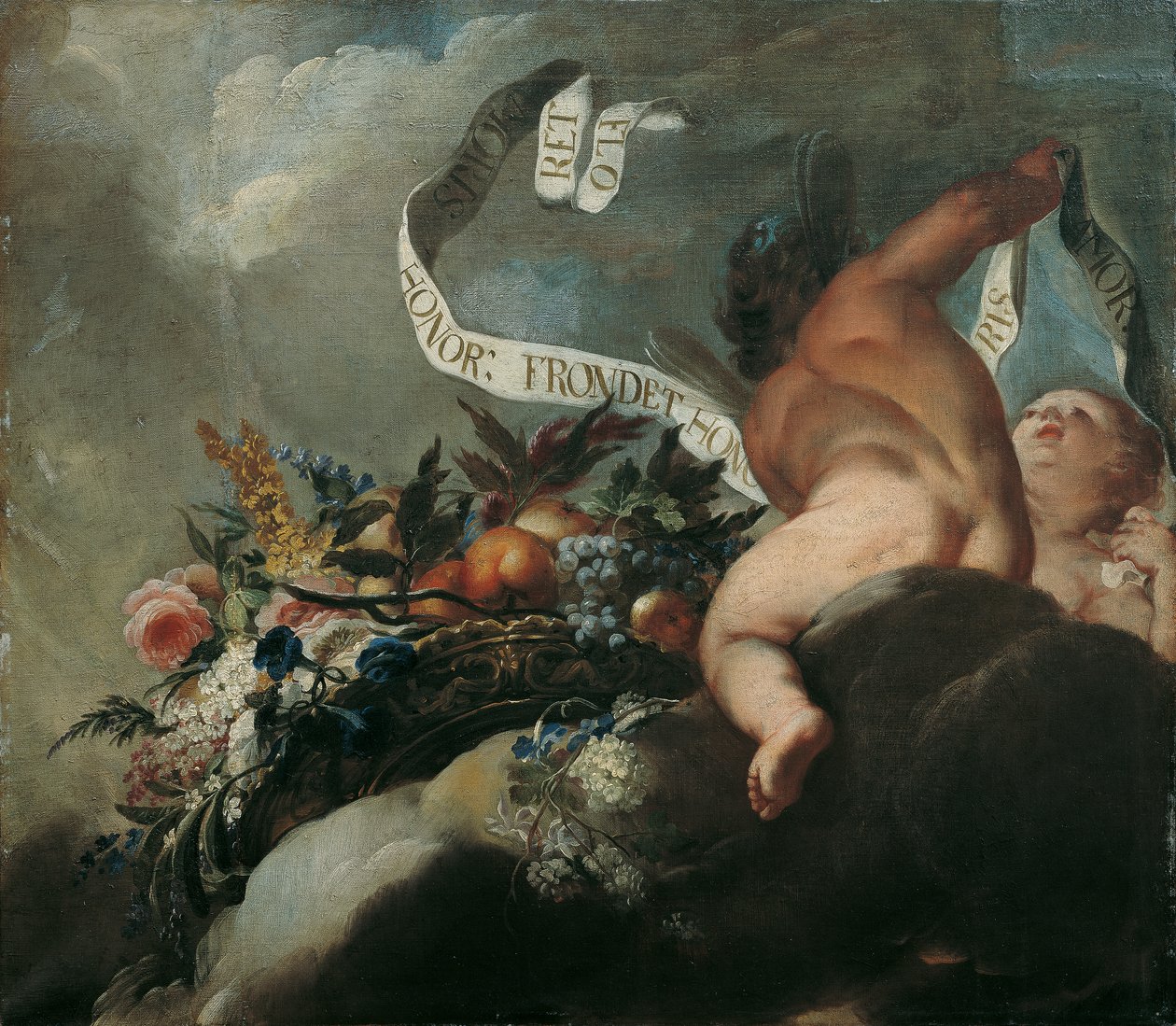 Twee putti met bloemen, vruchten en spandoek door Peter Strudel