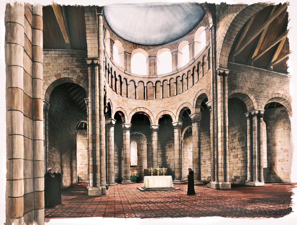Interieur van de kerk van Battle Abbey, Sussex, in de 12e eeuw door Peter Urmston