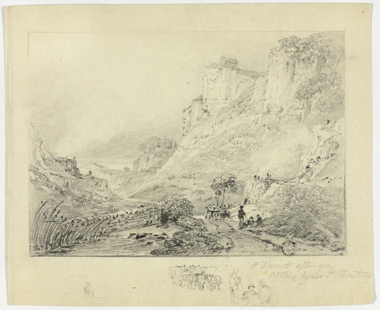 Figuren en paardenkar in landschap met kliffen door Peter de Wint