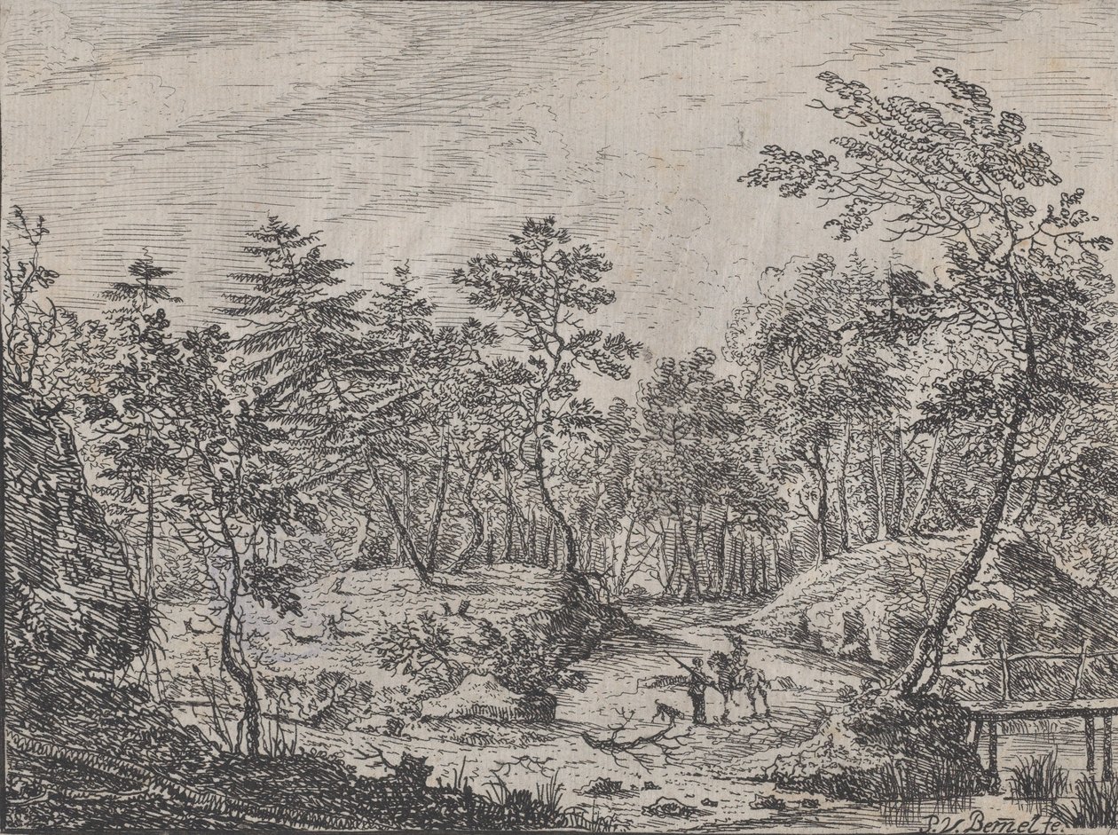 Boslandschap met een Ruiter die met een Man in het Midden Praat, een Voetbrug Rechts door Peter von Bemmel