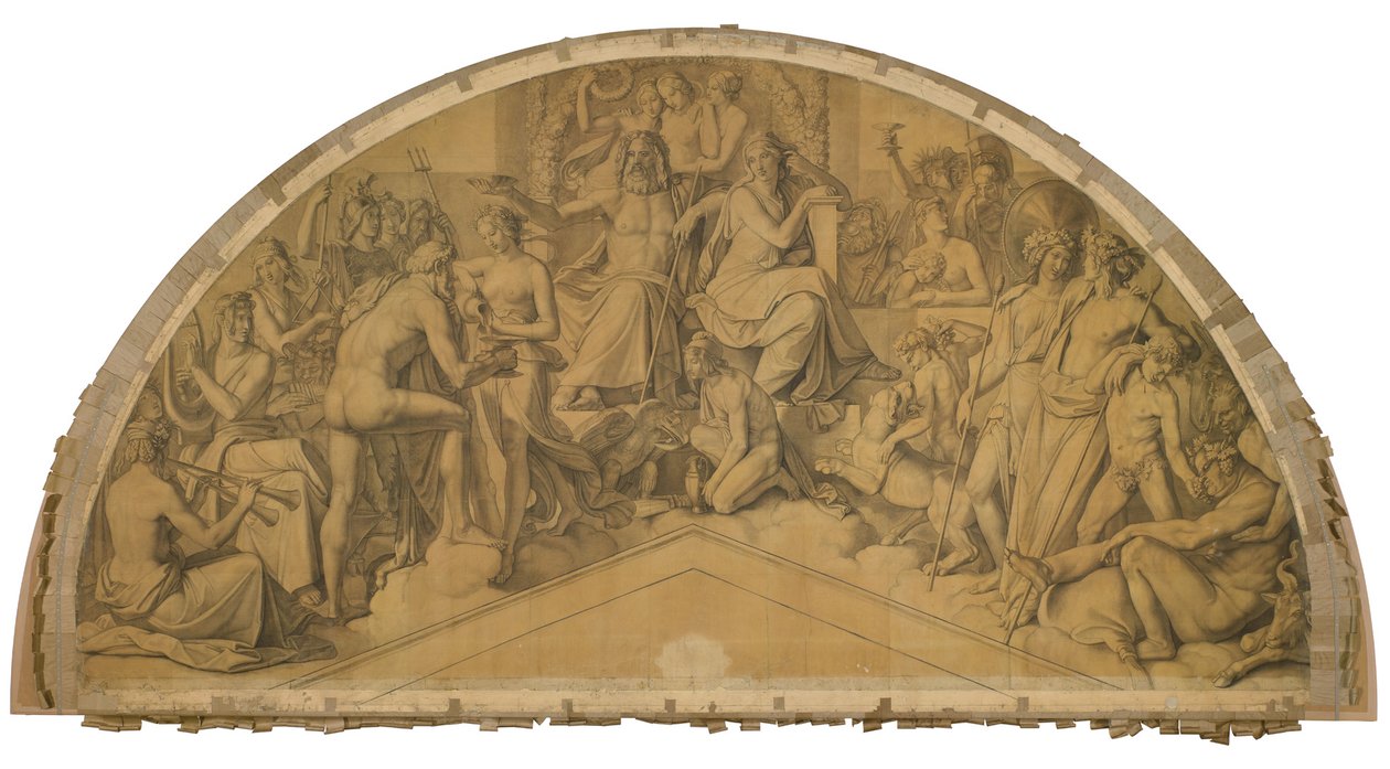 Die Aufnahme des Herakles in den Olymp, Bogenfeld. Karton zu den Deckenbildern der Münchner Glyptothek door Peter von Cornelius