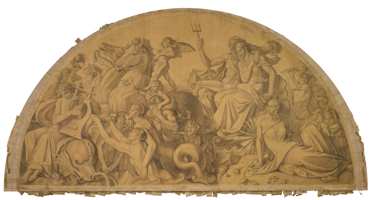 Die Wasserwelt lauscht dem Leierspiel des Arion, Bogenfeld. Karton zu den Deckenbildern der Münchner Glyptothek door Peter von Cornelius