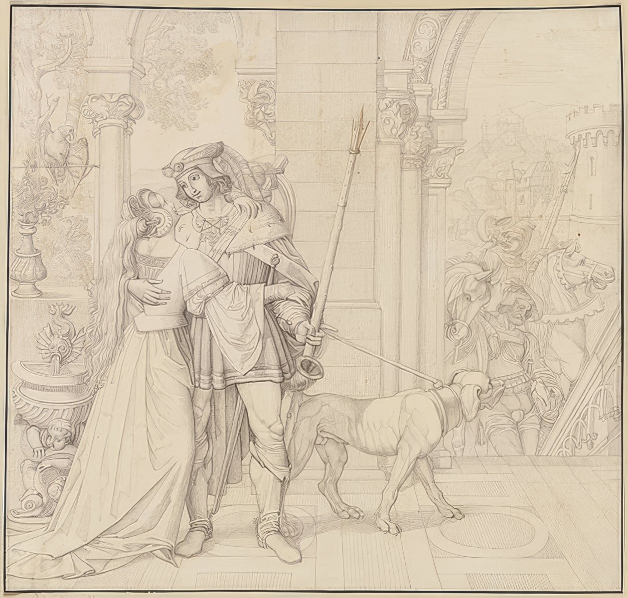 Zeven tekeningen voor de Nibelungen: 4. Siegfried gereed voor de jacht. 1812-17 door Peter von Cornelius