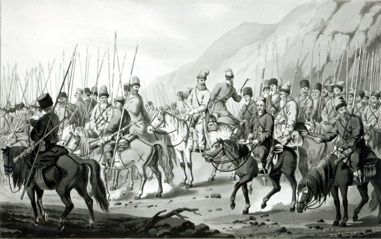 Verschillende stammen van Russische Kozakken in marsorde, 1813 door Peter von Hess