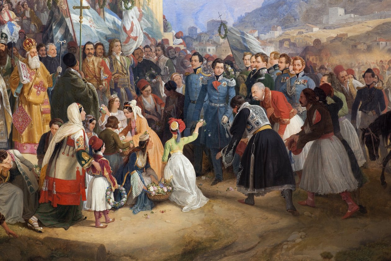 De intocht van koning Othon I van Griekenland in Athene, verwelkomd door de menigte voor de tempel van Hephaistos door Peter von Hess