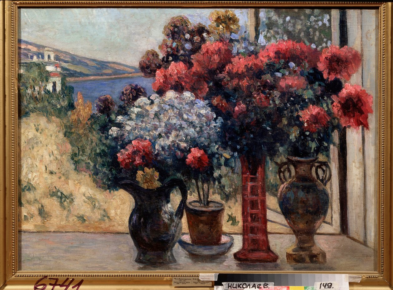 Bloemen tegen de zee. door Petr Ivanovic Petrovichev