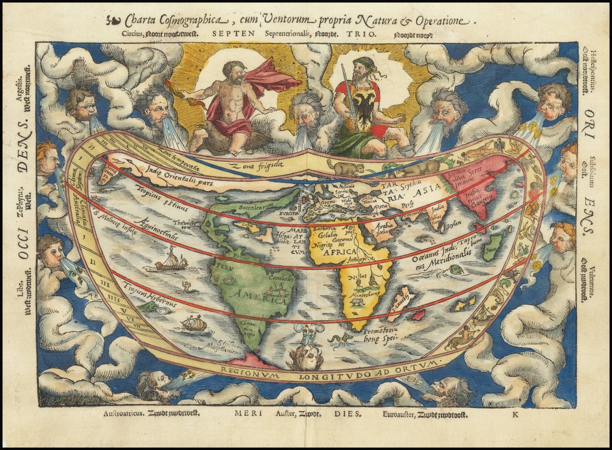 1553 kaart - Charta Cosmographica, Cum Ventorum Propria Natura et Operatione door Petrus Apianus