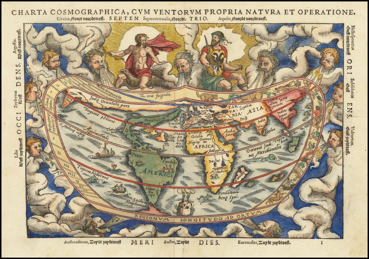 1553 wereldkaart - Charta Cosmographica, Cum Ventorum Propria Natura et Operatione door Petrus Apianus