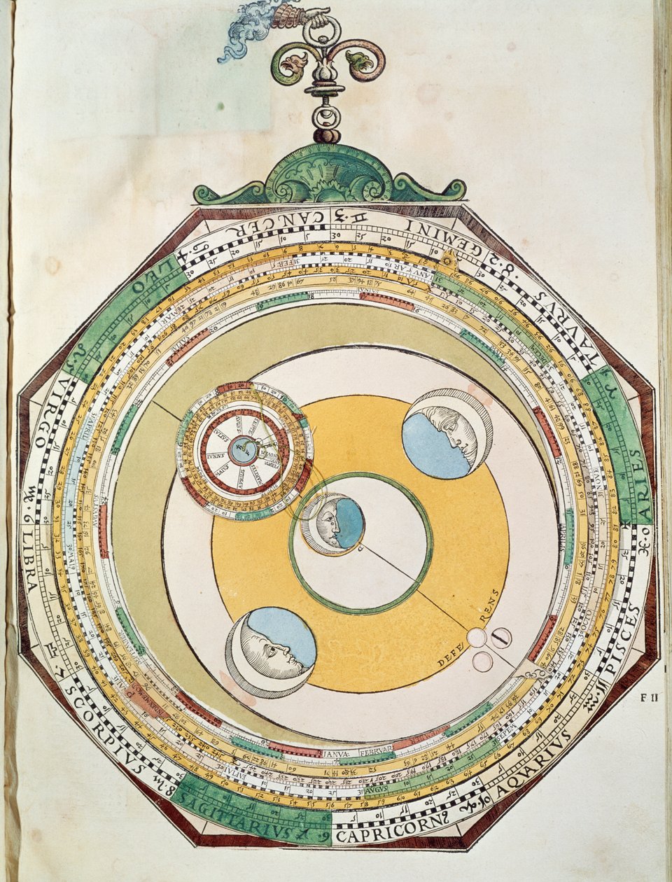Tabel van bewegingen van de Maan in relatie tot de Zon, uit Astronomicum Caesareum door Petrus Apianus