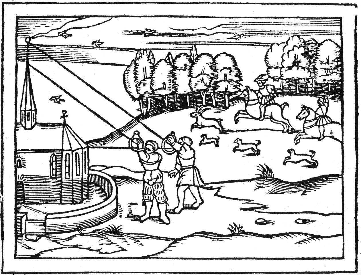 Gebruik van astrolabia om de hoogte van een torenspits te berekenen, 1539 door Petrus Apianus