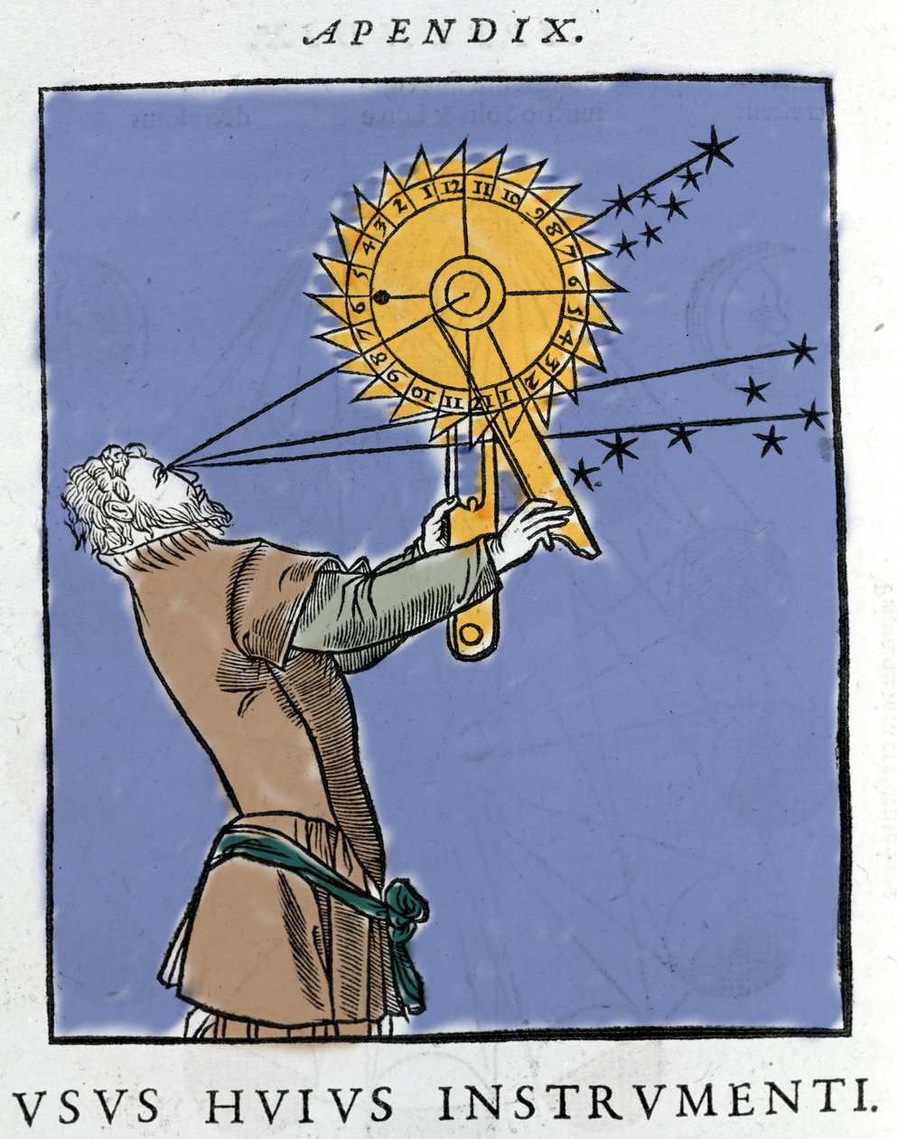 Tekening door Apianus (1539) Gebruik van een apparaat om de tijd te berekenen in relatie tot de sterren 
