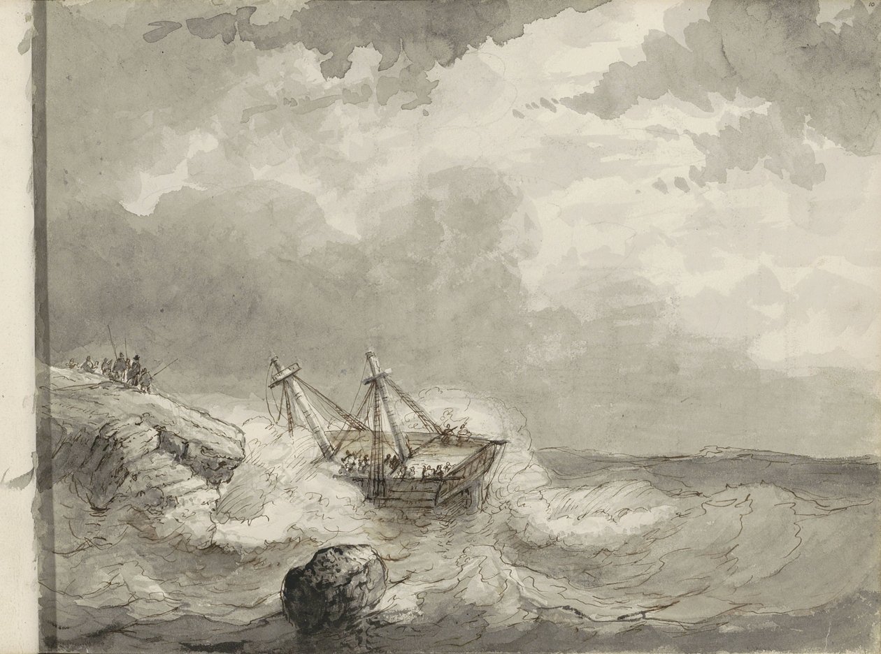 Schipbreuk op een rotskust door Petrus Johannes Schotel (circle of)