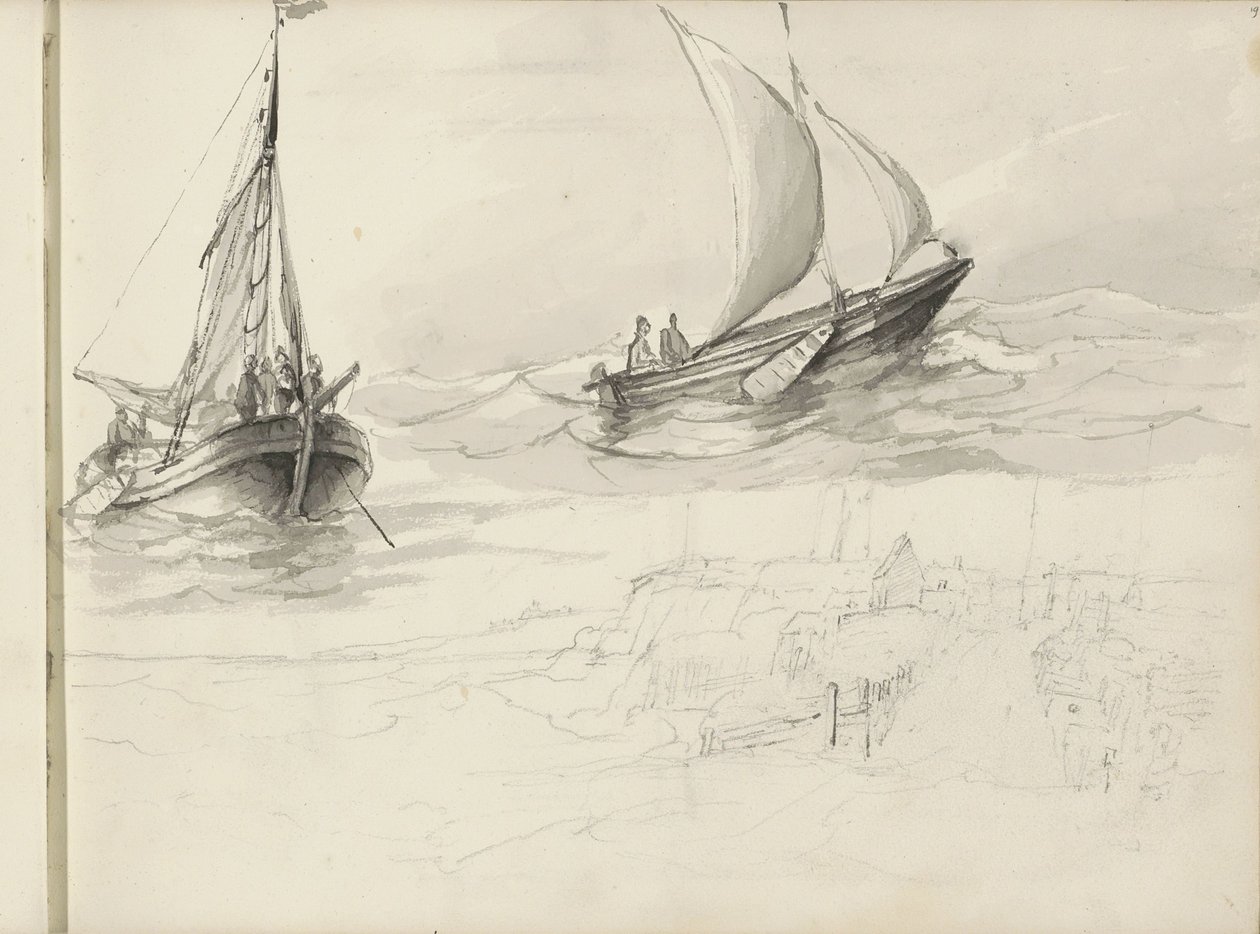 Twee zeilschepen met figuren op zee door Petrus Johannes Schotel (circle of)