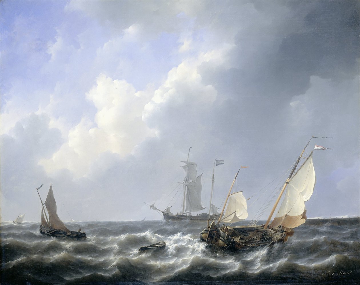 Zeegezicht vanaf de Zeeuwse wateren, nabij het eiland Schouwen door Petrus Johannes Schotel