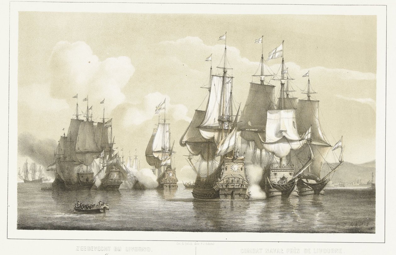 Zeeslag bij Livorno, 1653 (title on object) door Petrus Johannes Schotel