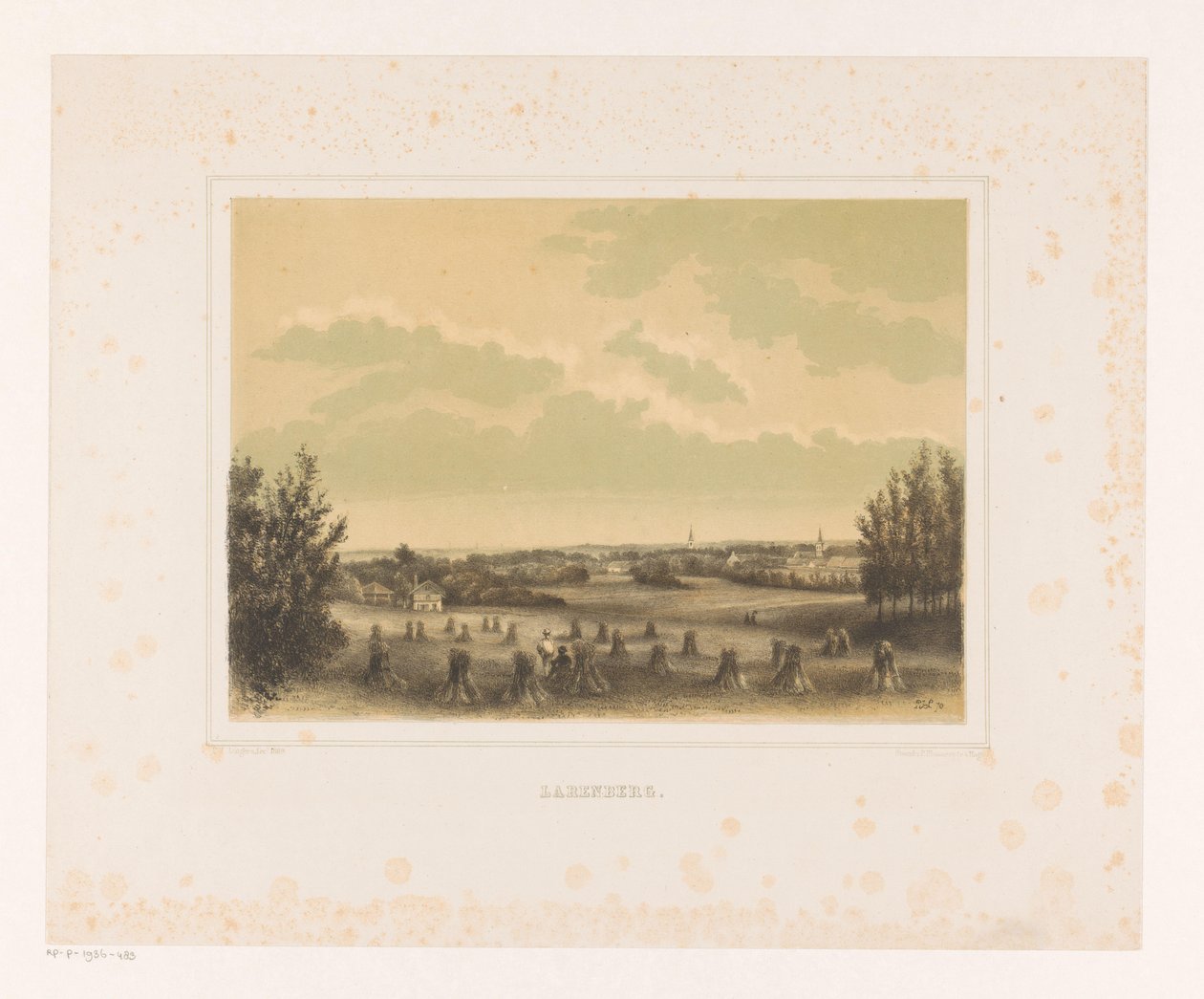 Gezicht op weiland met korenschoven bij landgoed Larenberg door Petrus Josephus Lutgers