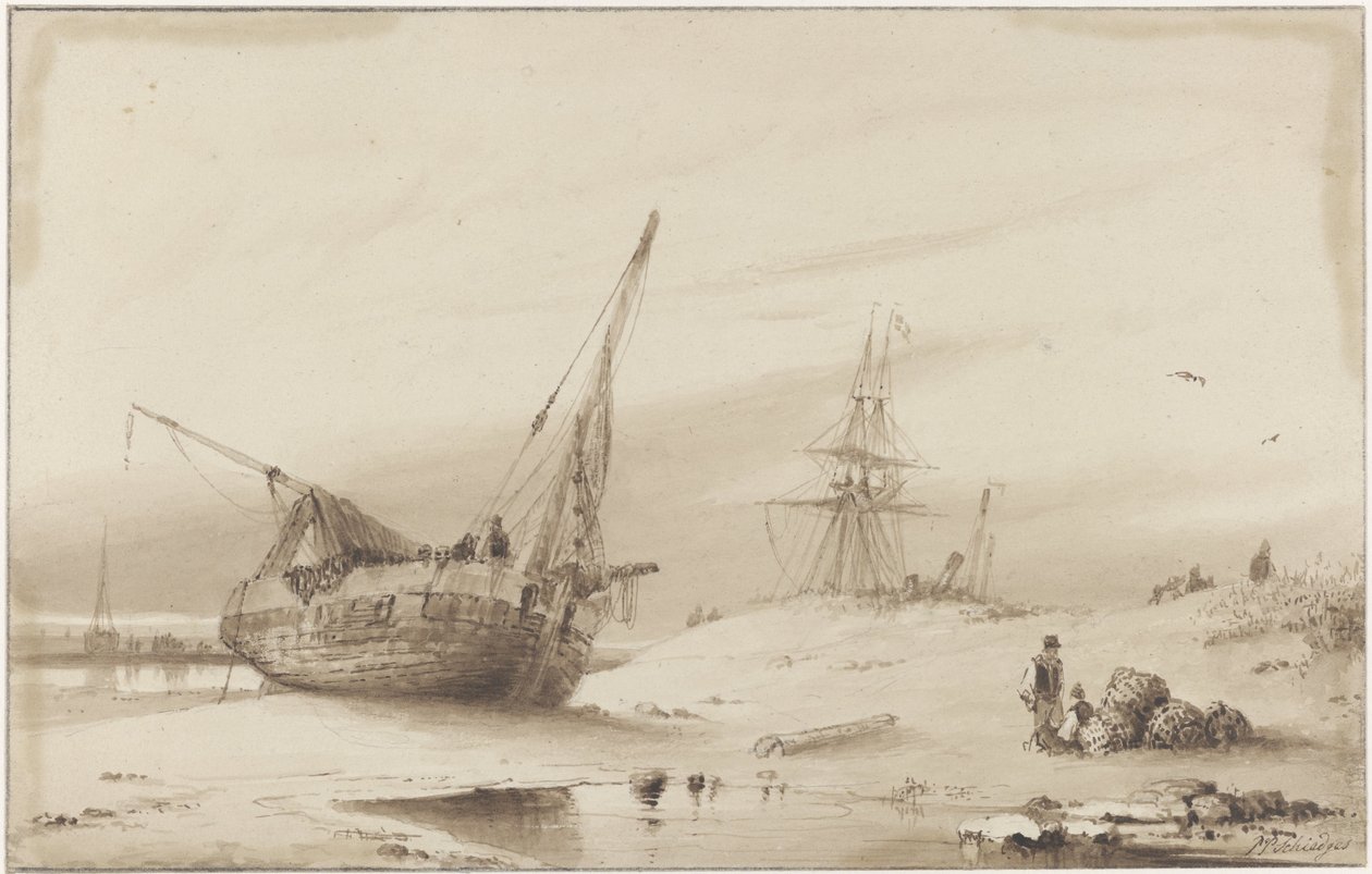 Schepen op het strand door Petrus Paulus Schiedges (I)