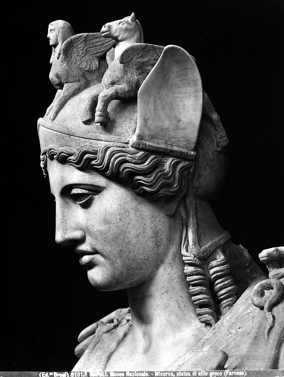 Detail van het Gezicht van Athena Farnese, Romeinse Keizerlijke Kopie van een Bronzen Standbeeld van de School van Phidias door Phidias (school of) (after)