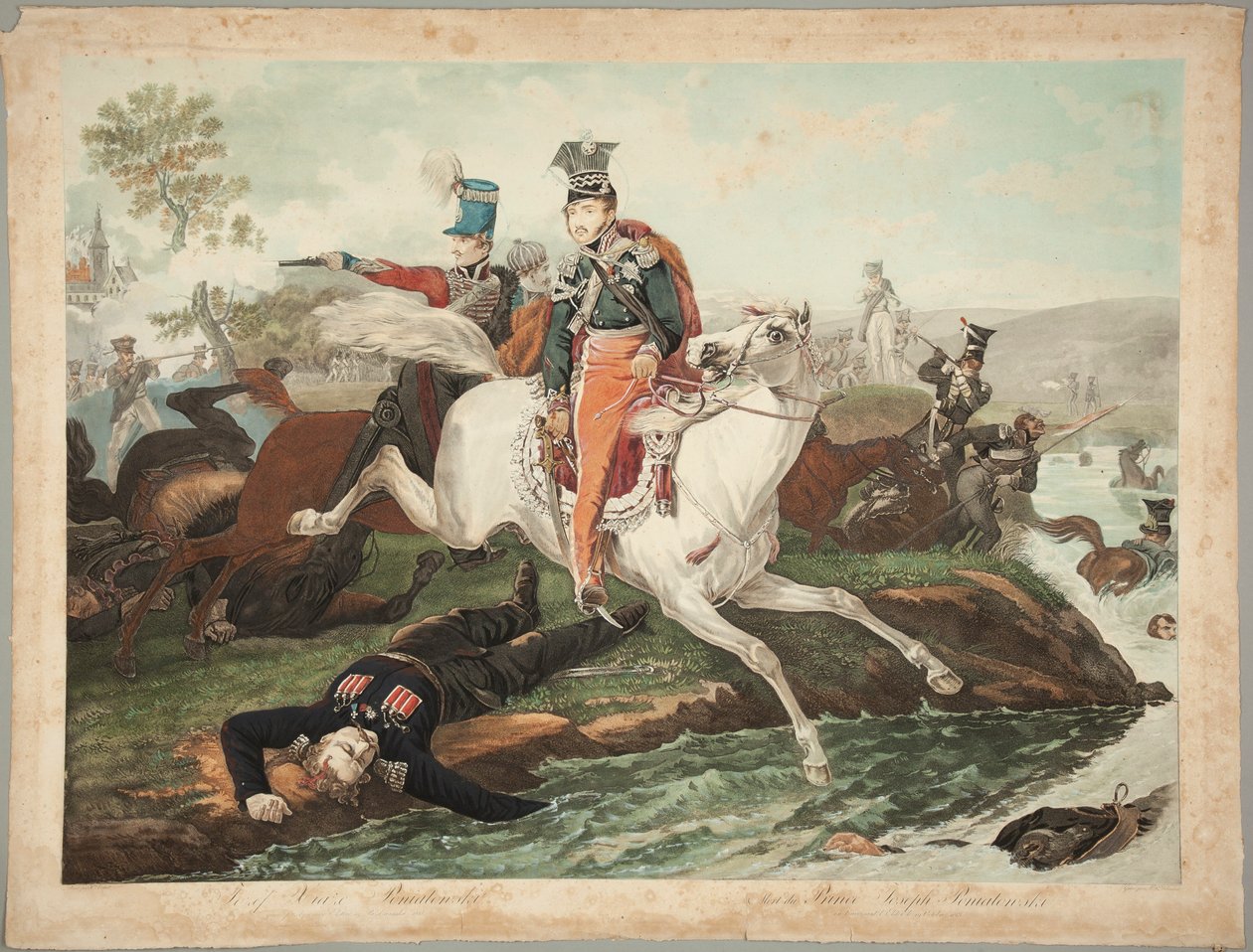 Prins Józef Poniatowski sterft bij het oversteken van de Elster op 19 oktober 1813 door Philibert-Louis Debucourt