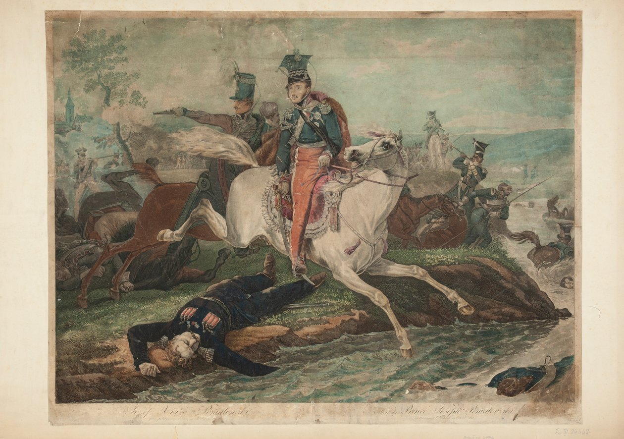 Prins Józef Poniatowski sterft bij het oversteken van de Elster op 19 oktober 1813 door Philibert-Louis Debucourt