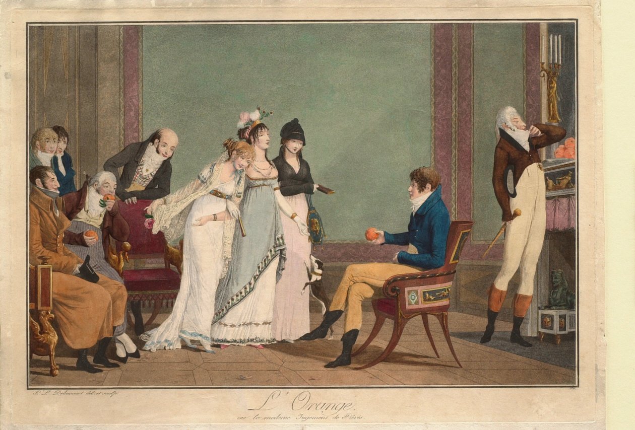 De sinaasappel, of Het moderne oordeel van Paris door Philibert-Louis Debucourt