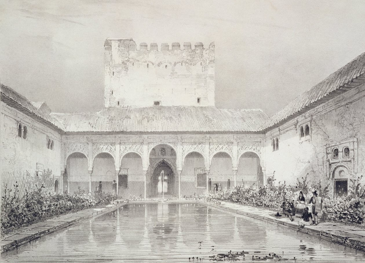 Zwembad en fontein in de binnenplaats van de Alberca, Alhambra, Plaat 21 uit 