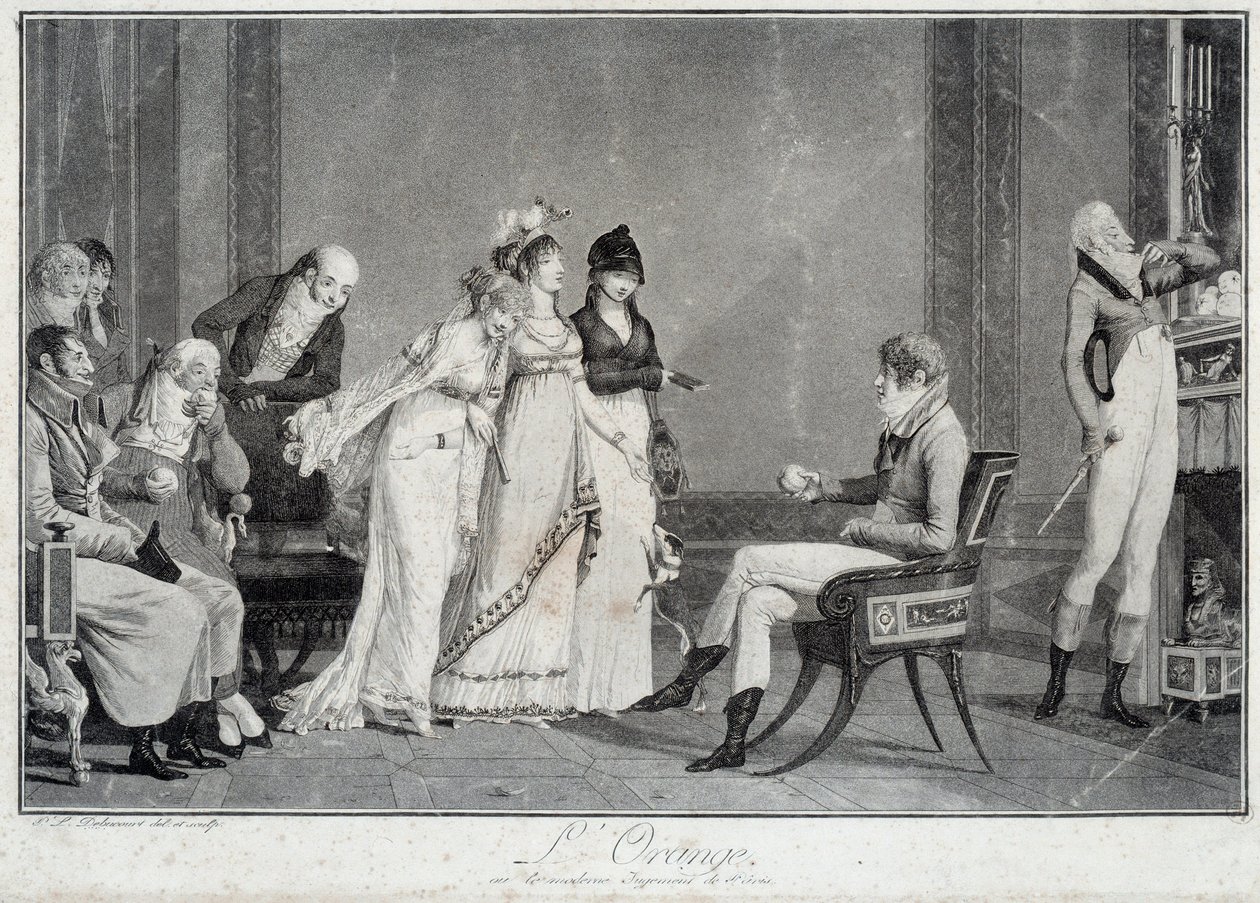 De sinaasappel of het moderne oordeel van Parijs Parodie op het oordeel van Parijs met een jonge man in de mode van het Directoire (Incredible) die moet kiezen tussen drie Wonderbaarlijke. Prenten door Philibert Louis Debucourt (1755-1832) rond 1800 door Philibert Louis Debucourt