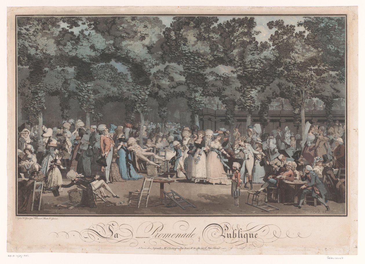 Elegant gezelschap in de Jardin du Palais Royal te Parijs door Philibert Louis Debucourt
