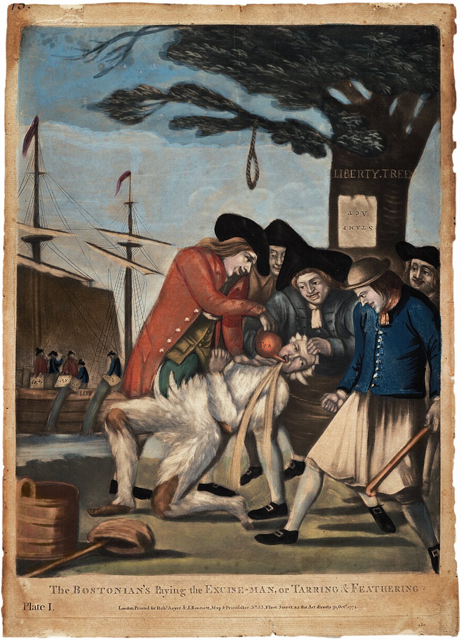 De Bostonianen betalen de accijnsman, of teer en veren, 1774 door Philip Dawe