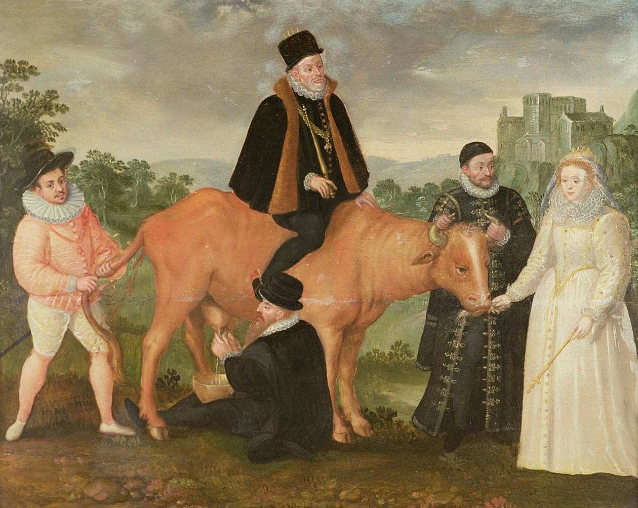 Portret van Filips II (te paard), de hertog van Alençon, de hertog van Alba, Willem van Oranje en koningin Elizabeth I door Philip Moro