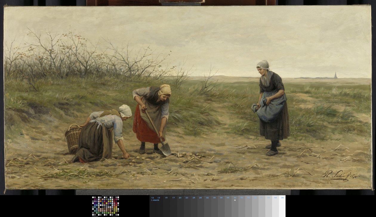 Scheveningse vrouwen bij het nalezen van een gerooid aardappelveld door Philip Lodewijk Jacob Frederick Sadee