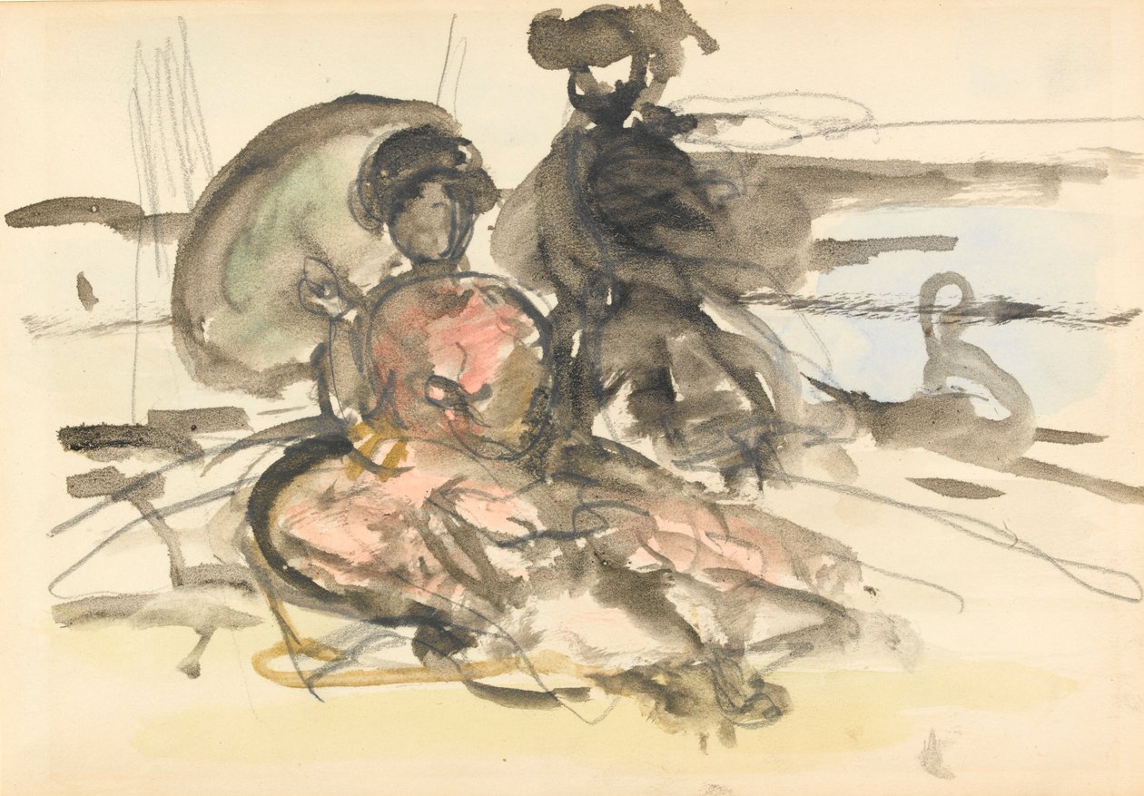Figurenstudie: twee vrouwen zittend aan een rivier door Philip Wilson Steer