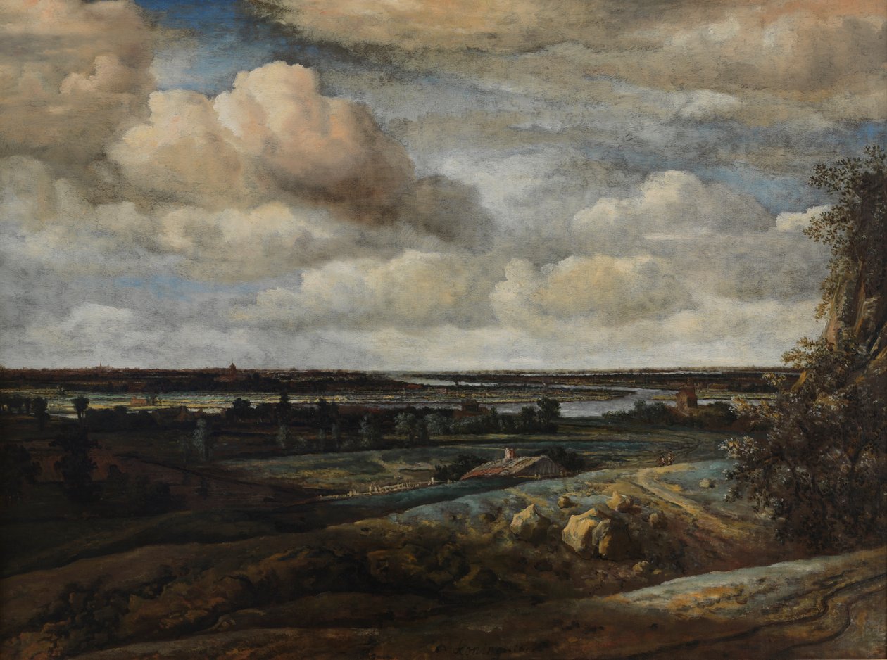 Hollands panorama-landschap met een rivier door Philip de Koninck