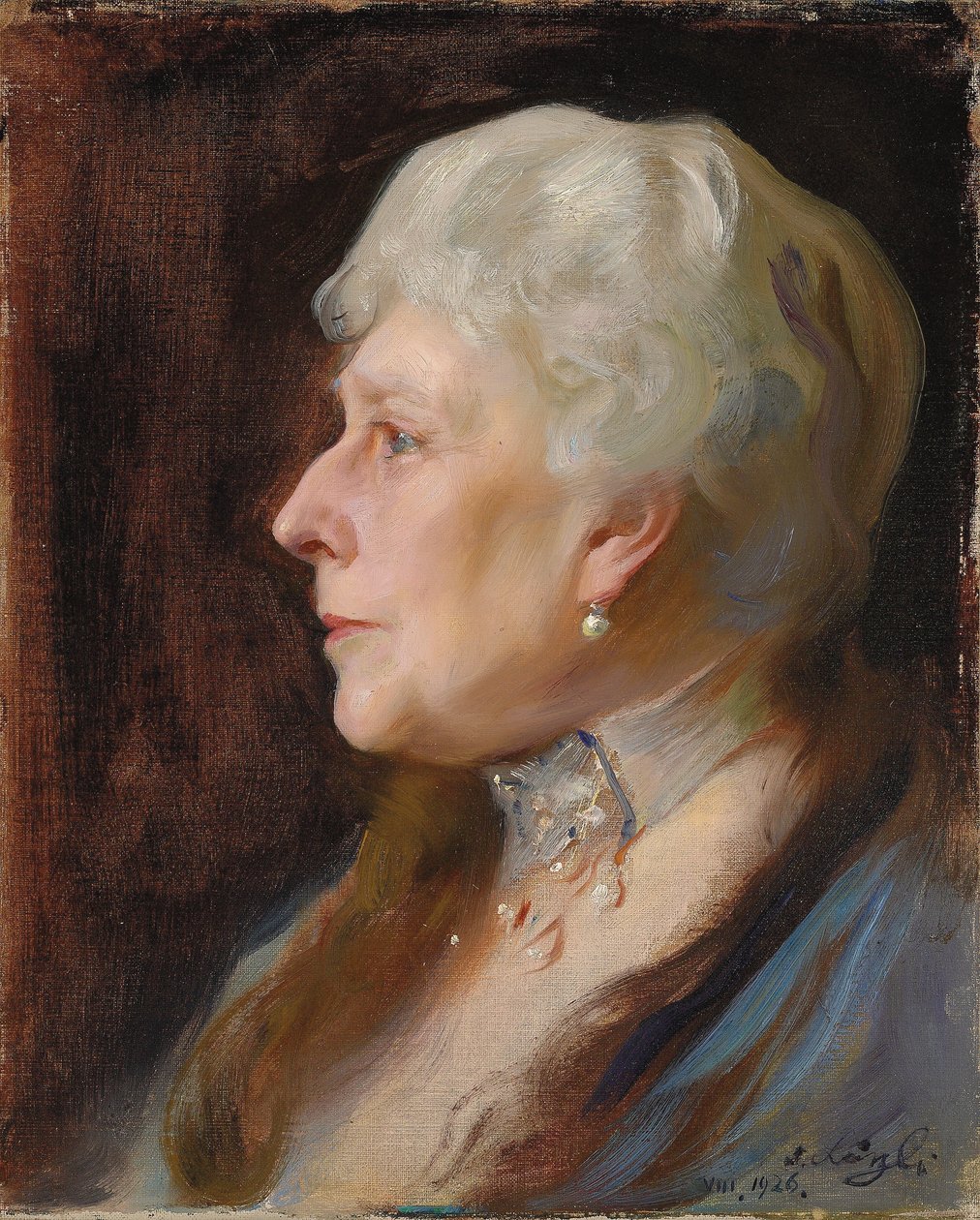 Portret van Prinses Henry van Battenberg, geboren Prinses Beatrice van Groot-Brittannië, in profiel naar links, met een choker en hangende oorbellen door Philip Alexius de Laszlo