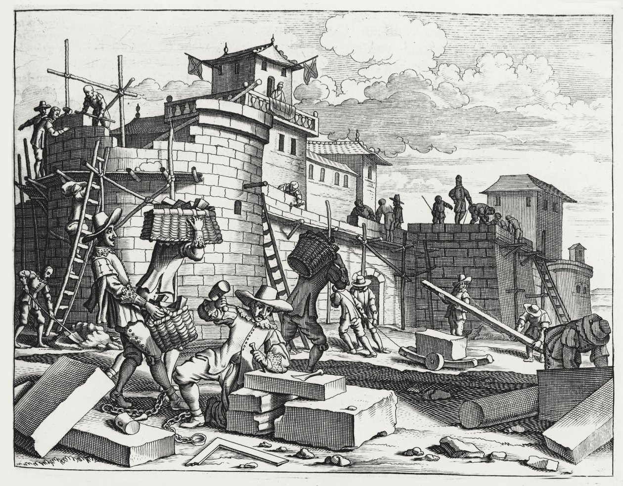 Portugese krijgsgevangenen bouwen een fort bij Kandy (gravure) door Philip Baldaeus