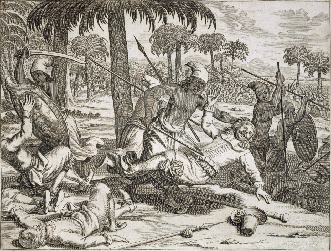 De moord op Mr. Koster door de Singalezen, Ceylon Sri Lanka, pub. 1672 door Philip Baldaeus