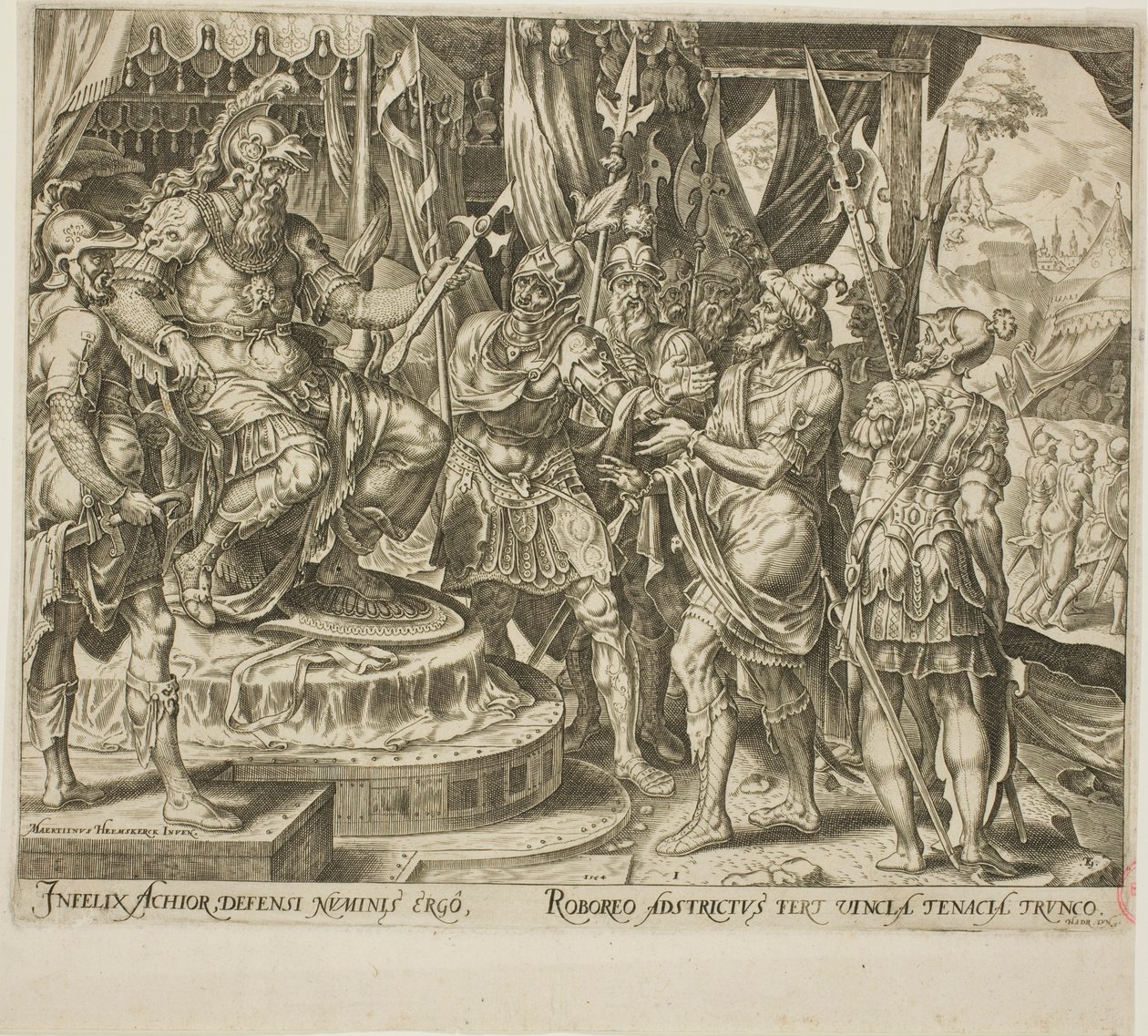 Achior pleit bij Holofernes voor de Israëlieten, plaat één uit Het verhaal van Judith en Holofernes door Philip Galle