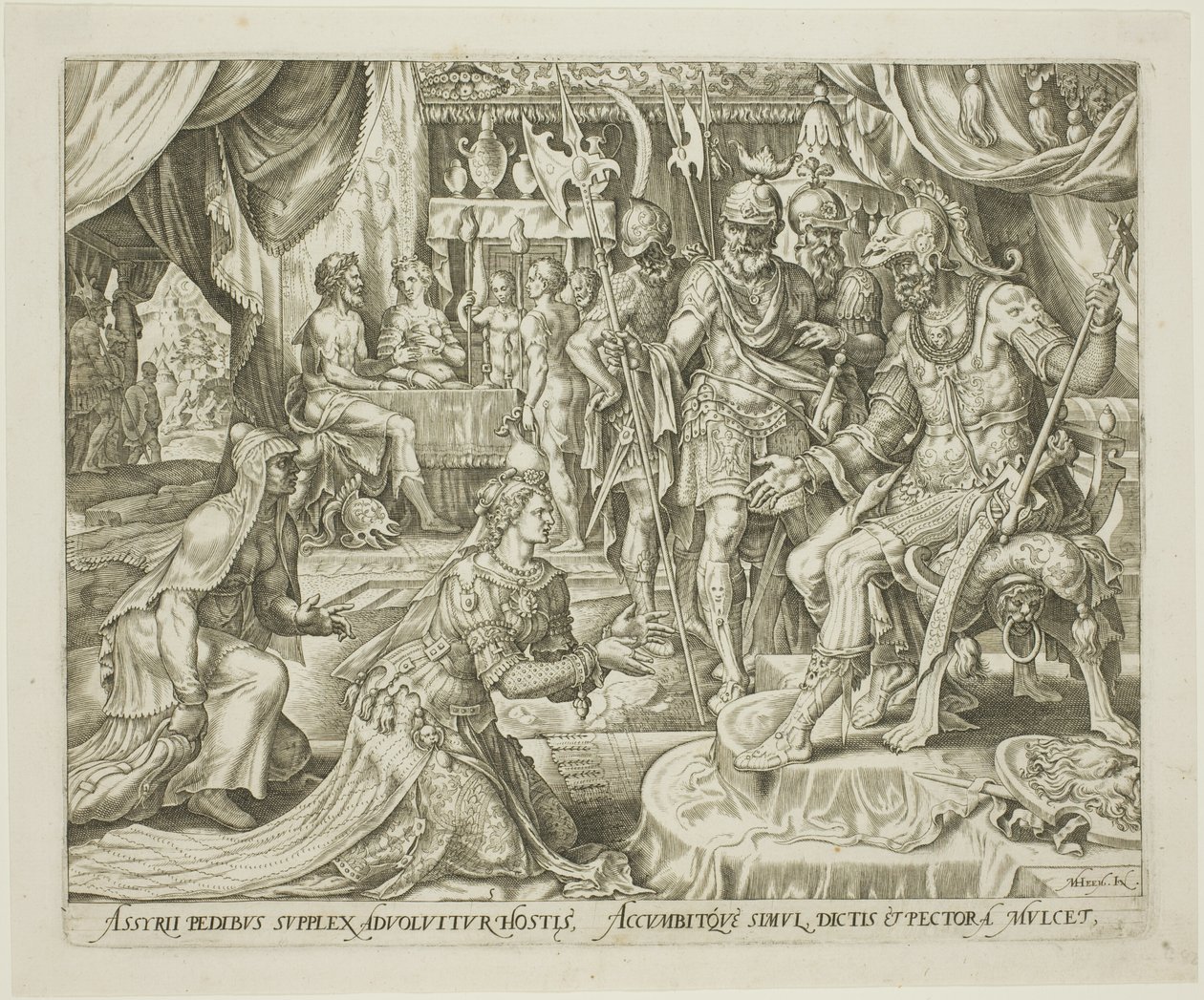 Judith gepresenteerd aan Holofernes, plaat vijf uit Het verhaal van Judith en Holofernes door Philip Galle