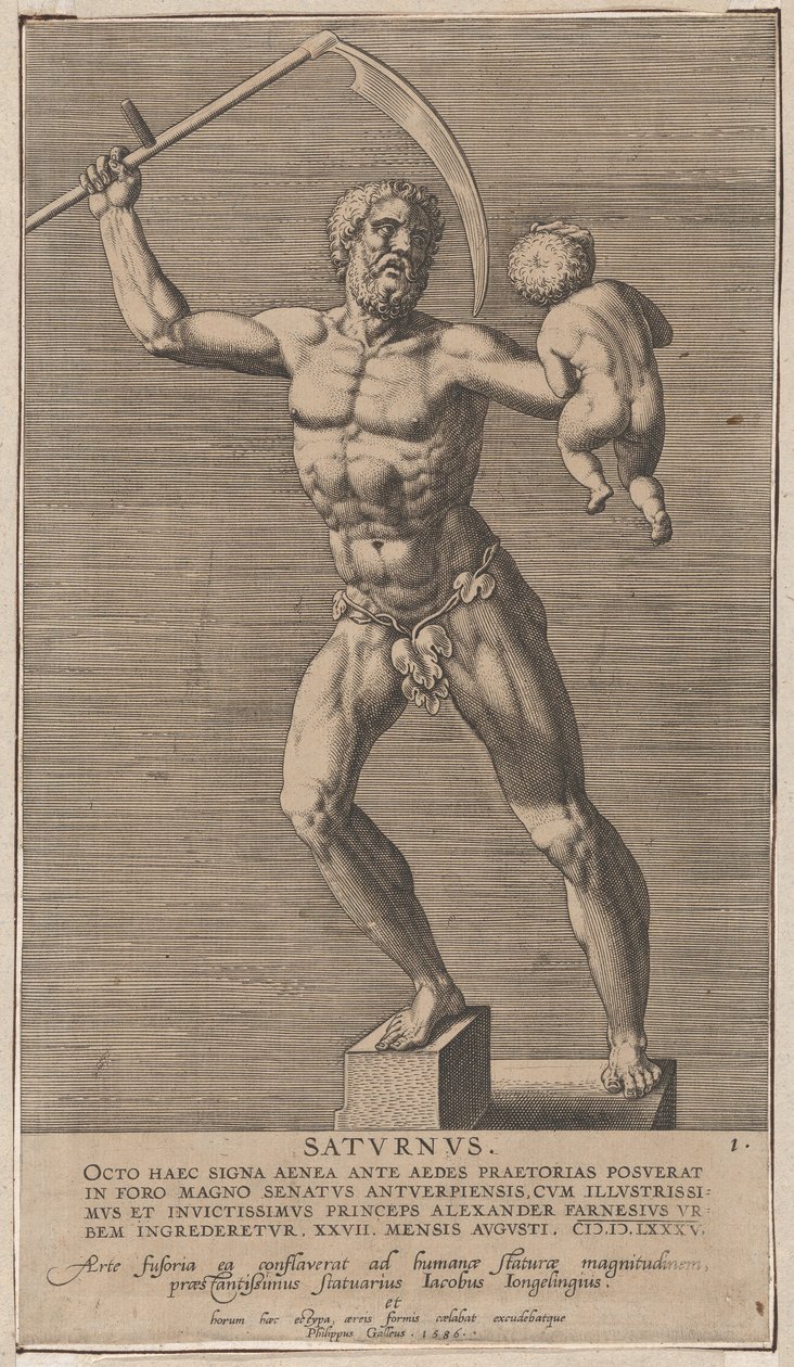 Saturnus, standbeeld van de naakte god die op een sokkel staat en een zeis in zijn rechterhand houdt door Philip Galle