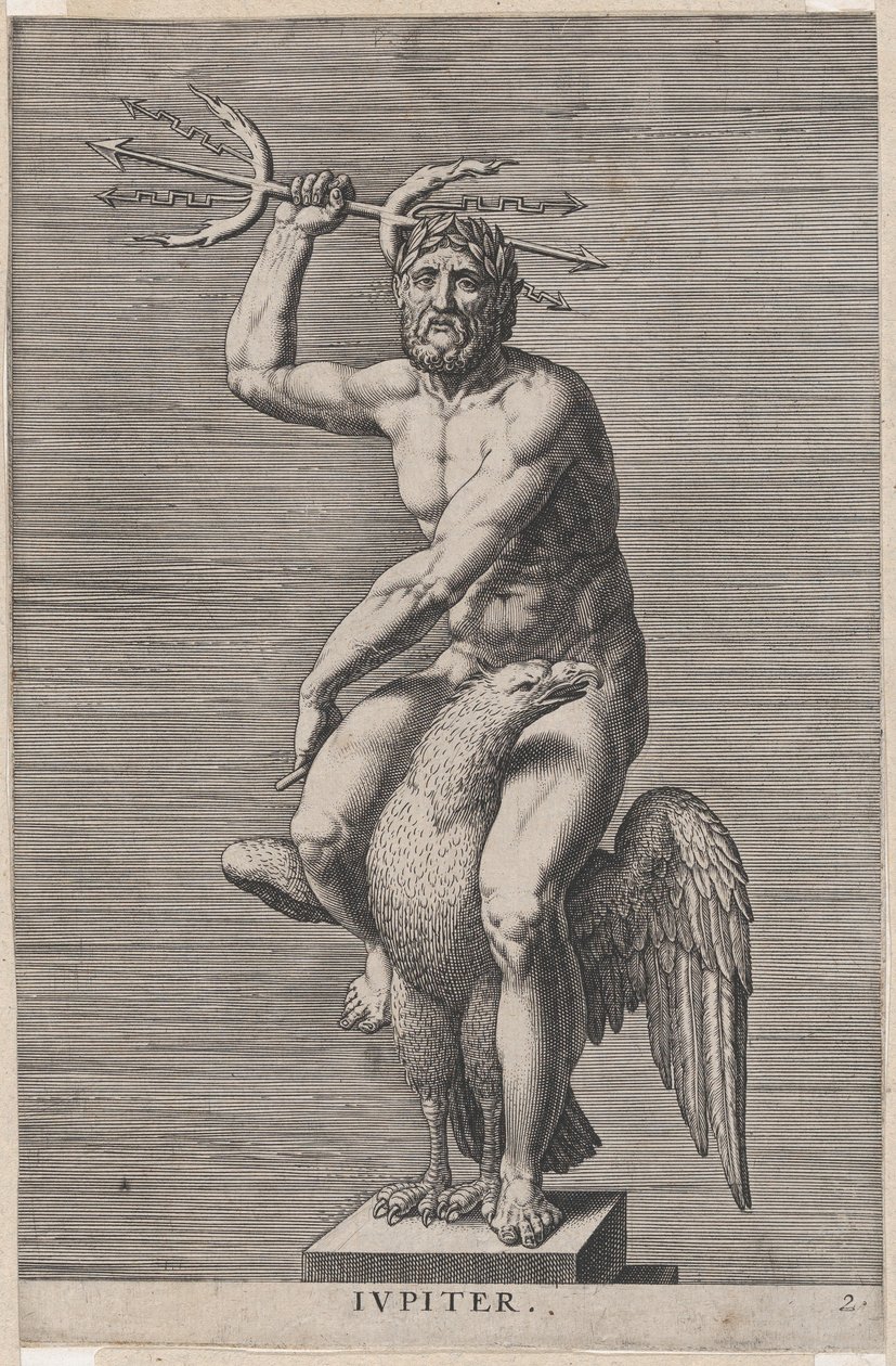 Jupiter, standbeeld van de naakte god zittend op een adelaar, met een dubbele drietand, 1586 door Philip Galle