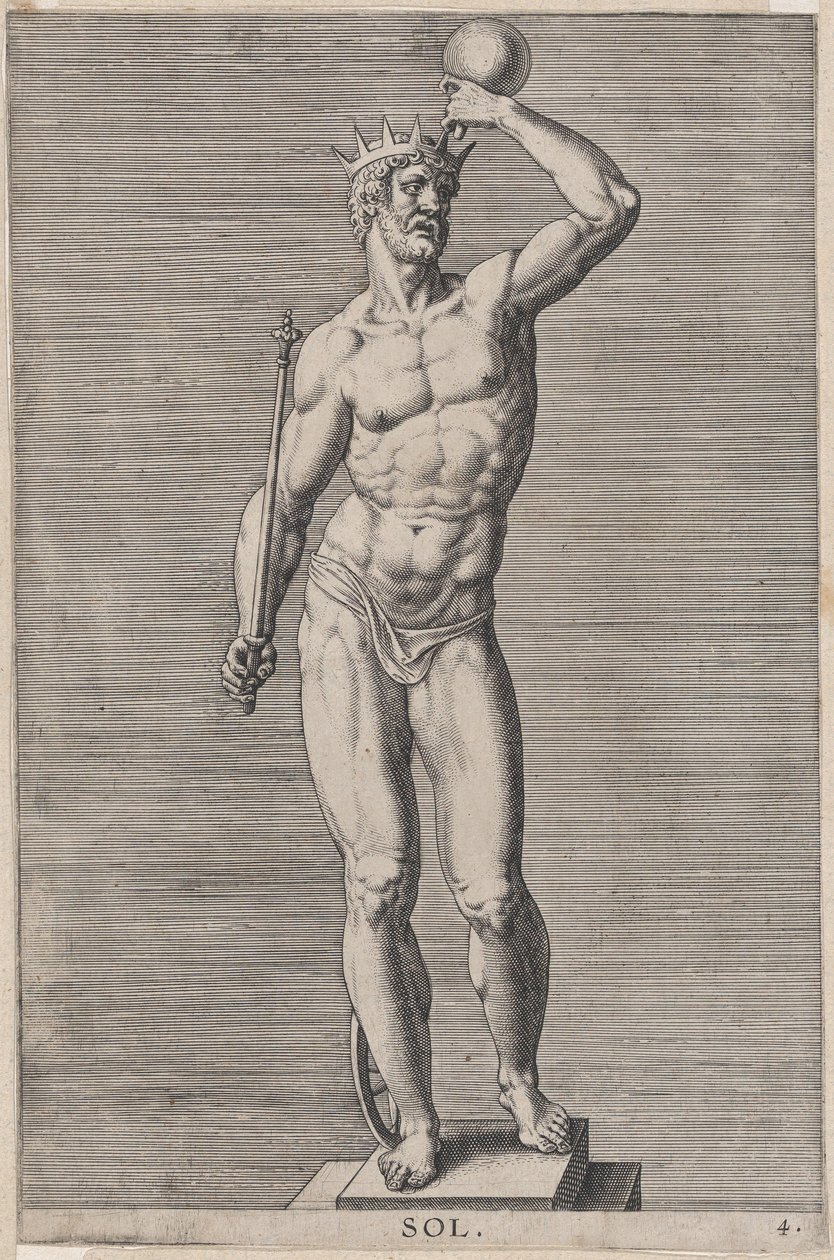 Apollo, standbeeld van de naakte god met een kroon en een... door Philip Galle
