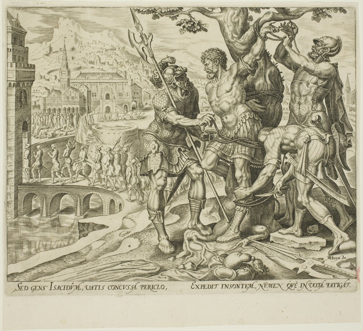 De Israëlieten vinden Achior vastgebonden aan een boom, plaat twee uit Het verhaal van Judith en Holofernes door Philip Galle