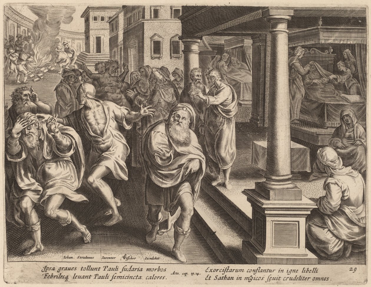 Sint Paulus verdrijft kwade geesten door Philip Galle after Jan van der Straet