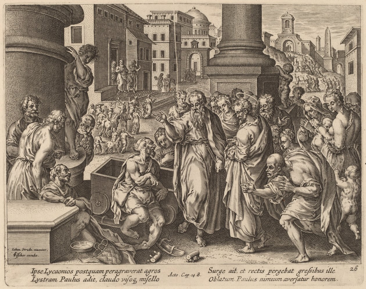 Sint Paulus geneest de lamme man in Lystra door Philip Galle after Jan van der Straet