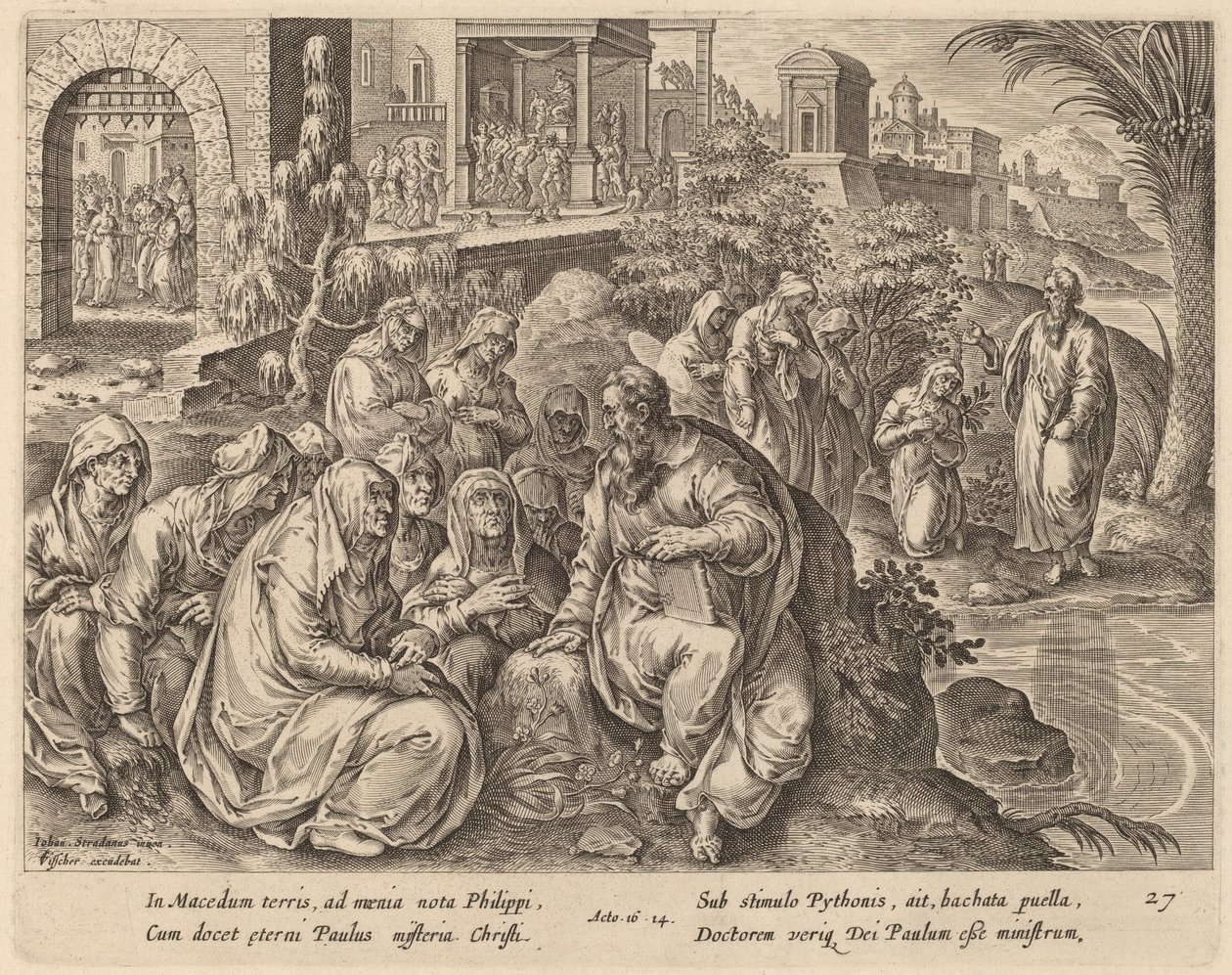Sint Paulus spreekt tot de vrouwen van Filippi bij een rivier door Philip Galle after Jan van der Straet