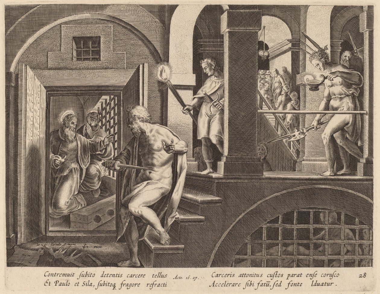 De cipier op het punt zichzelf te doden, bekeerd door Sint Paulus door Philip Galle after Jan van der Straet