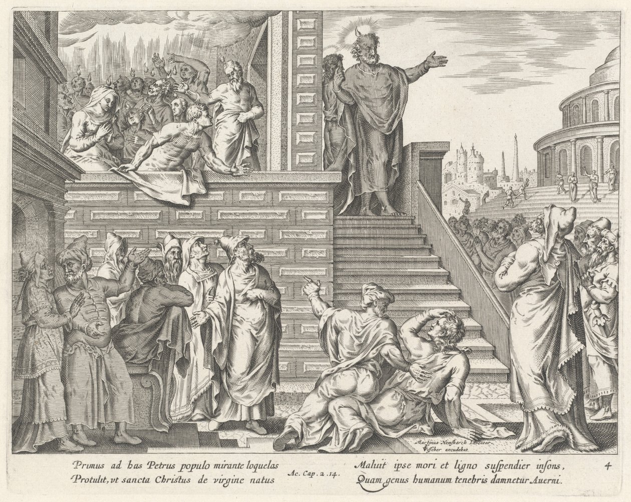 Sint Petrus spreekt tot het volk over Christus door Philip Galle after Maerten van Heemskerck