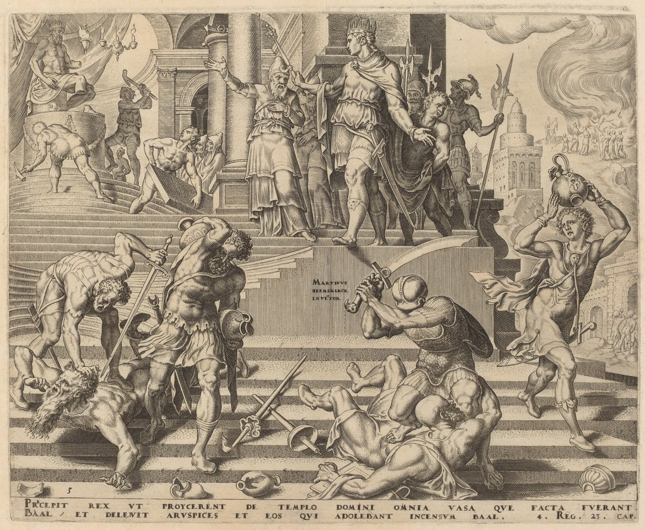 De Vernietiging van de Tempel van Baäl en de Slachting van Zijn Priesters door Philip Galle, after Maerten van Heemskerck