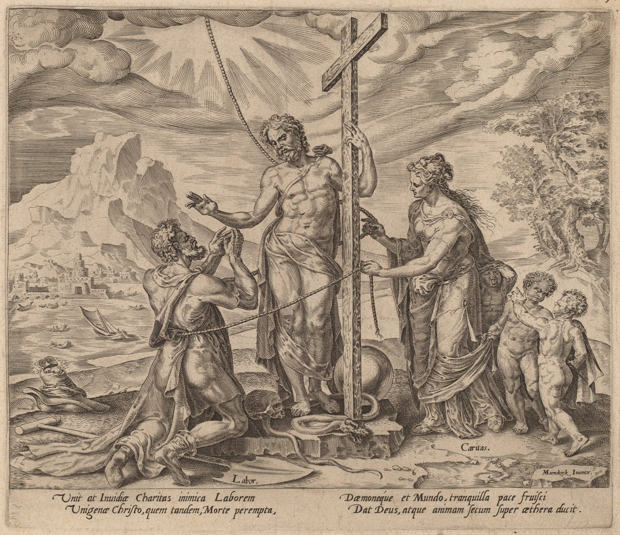 De ijverige werker verenigd met Christus na de dood door Philip Galle after Maerten van Heemskerck